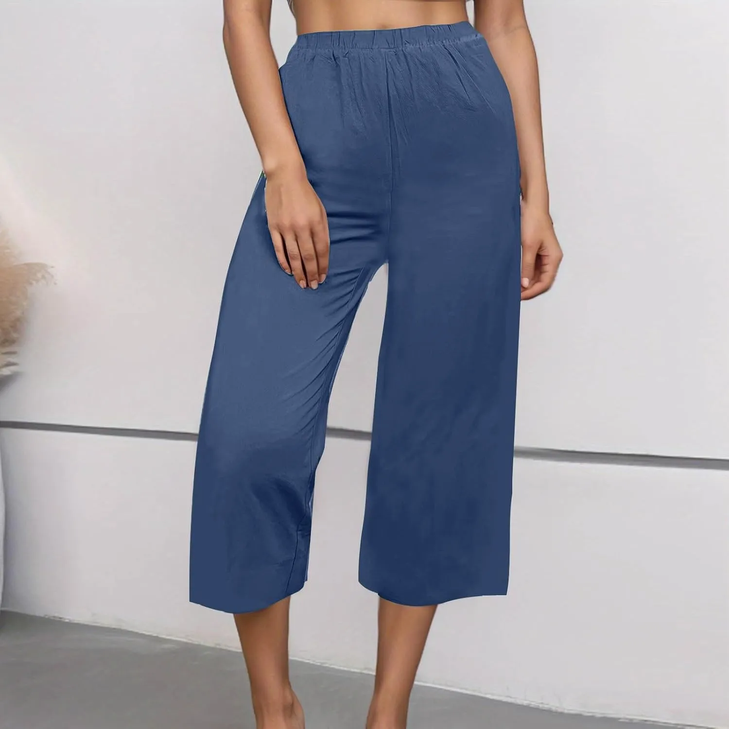 Capri Linen Pants Women Casual Wide Leg Summer Palazzo Pant Elastic High Waisted Flowy Beach Trouser with Pocket 2025
