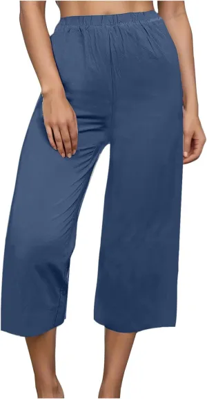 Capri Linen Pants Women Casual Wide Leg Summer Palazzo Pant Elastic High Waisted Flowy Beach Trouser with Pocket 2025