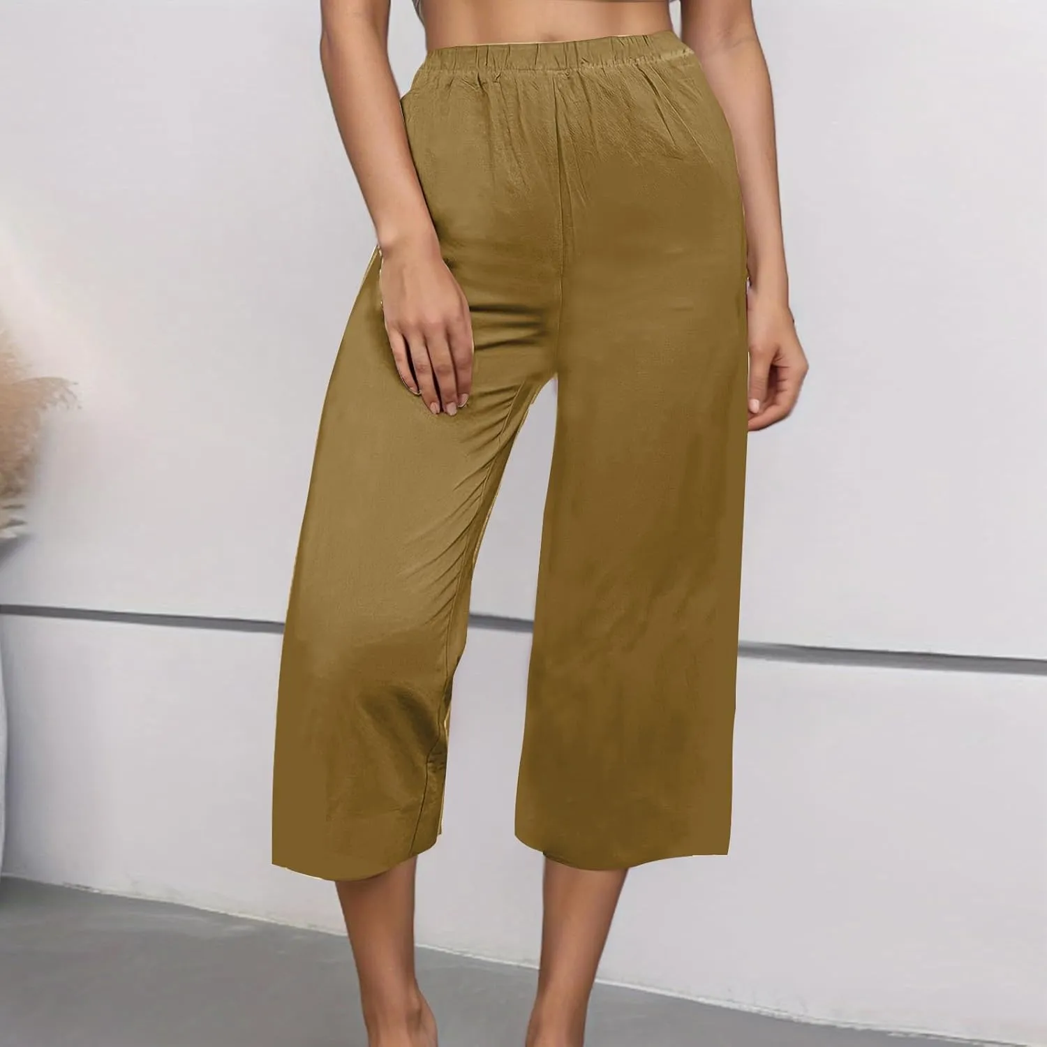Capri Linen Pants Women Casual Wide Leg Summer Palazzo Pant Elastic High Waisted Flowy Beach Trouser with Pocket 2025