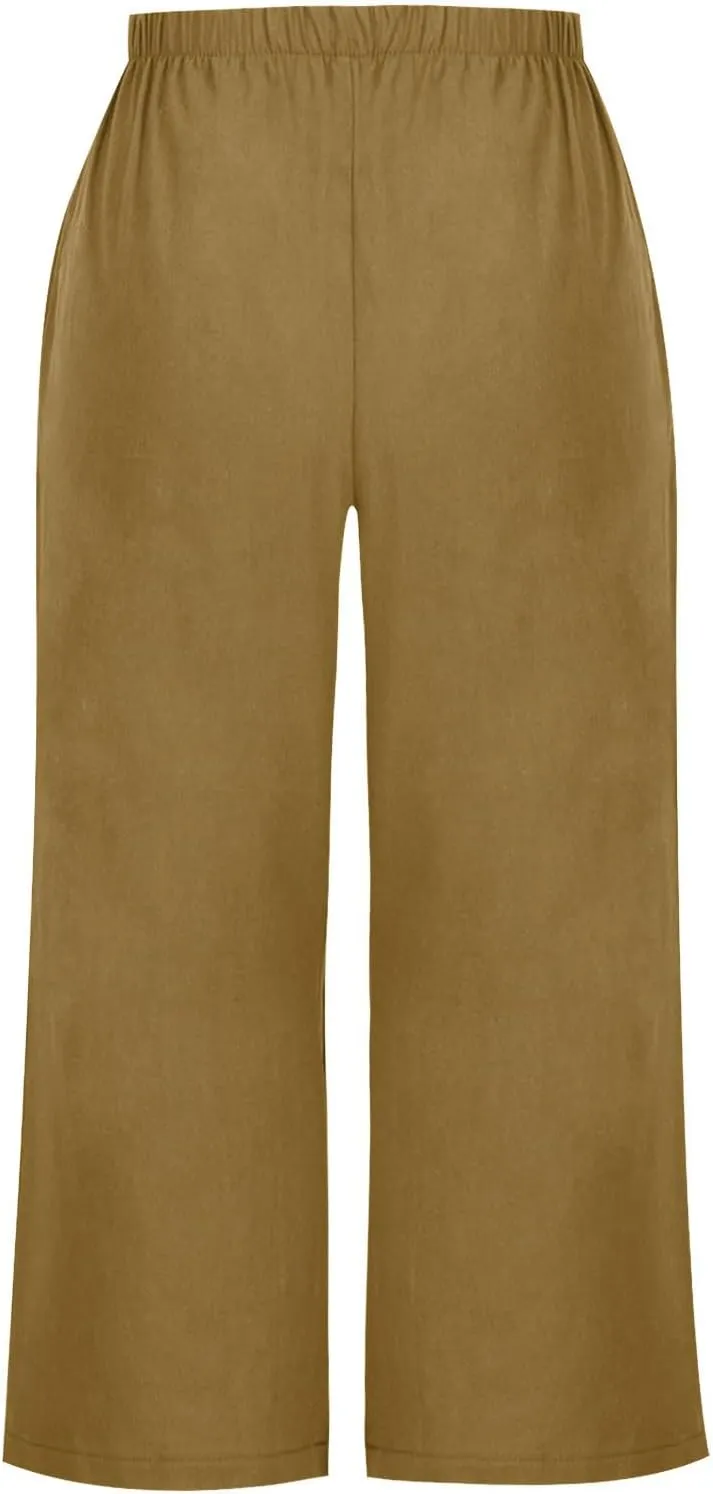 Capri Linen Pants Women Casual Wide Leg Summer Palazzo Pant Elastic High Waisted Flowy Beach Trouser with Pocket 2025