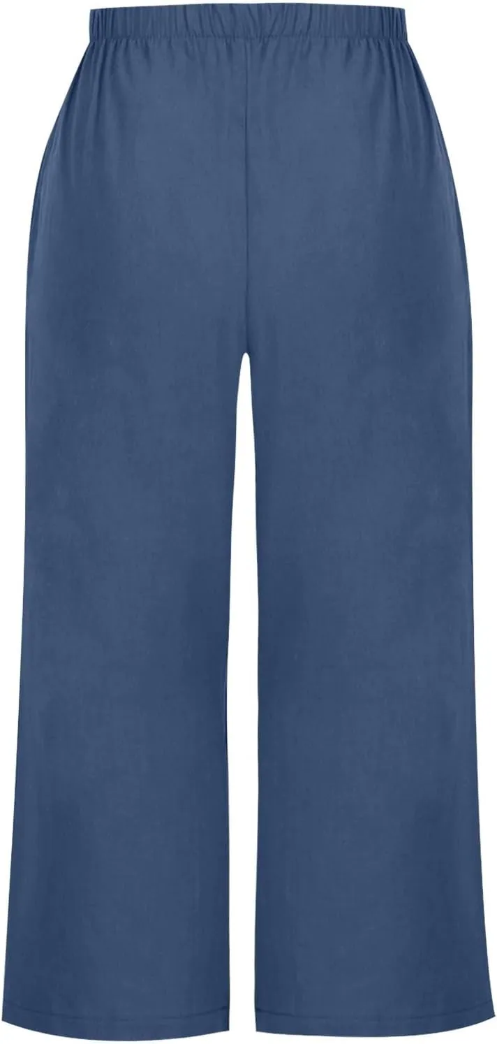 Capri Linen Pants Women Casual Wide Leg Summer Palazzo Pant Elastic High Waisted Flowy Beach Trouser with Pocket 2025