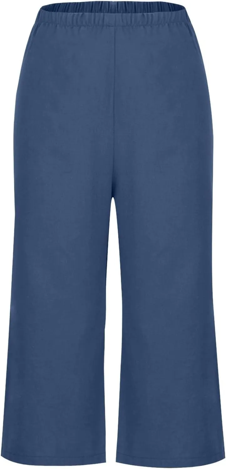 Capri Linen Pants Women Casual Wide Leg Summer Palazzo Pant Elastic High Waisted Flowy Beach Trouser with Pocket 2025