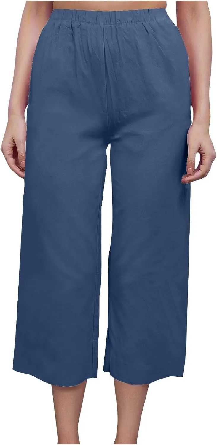 Capri Linen Pants Women Casual Wide Leg Summer Palazzo Pant Elastic High Waisted Flowy Beach Trouser with Pocket 2025
