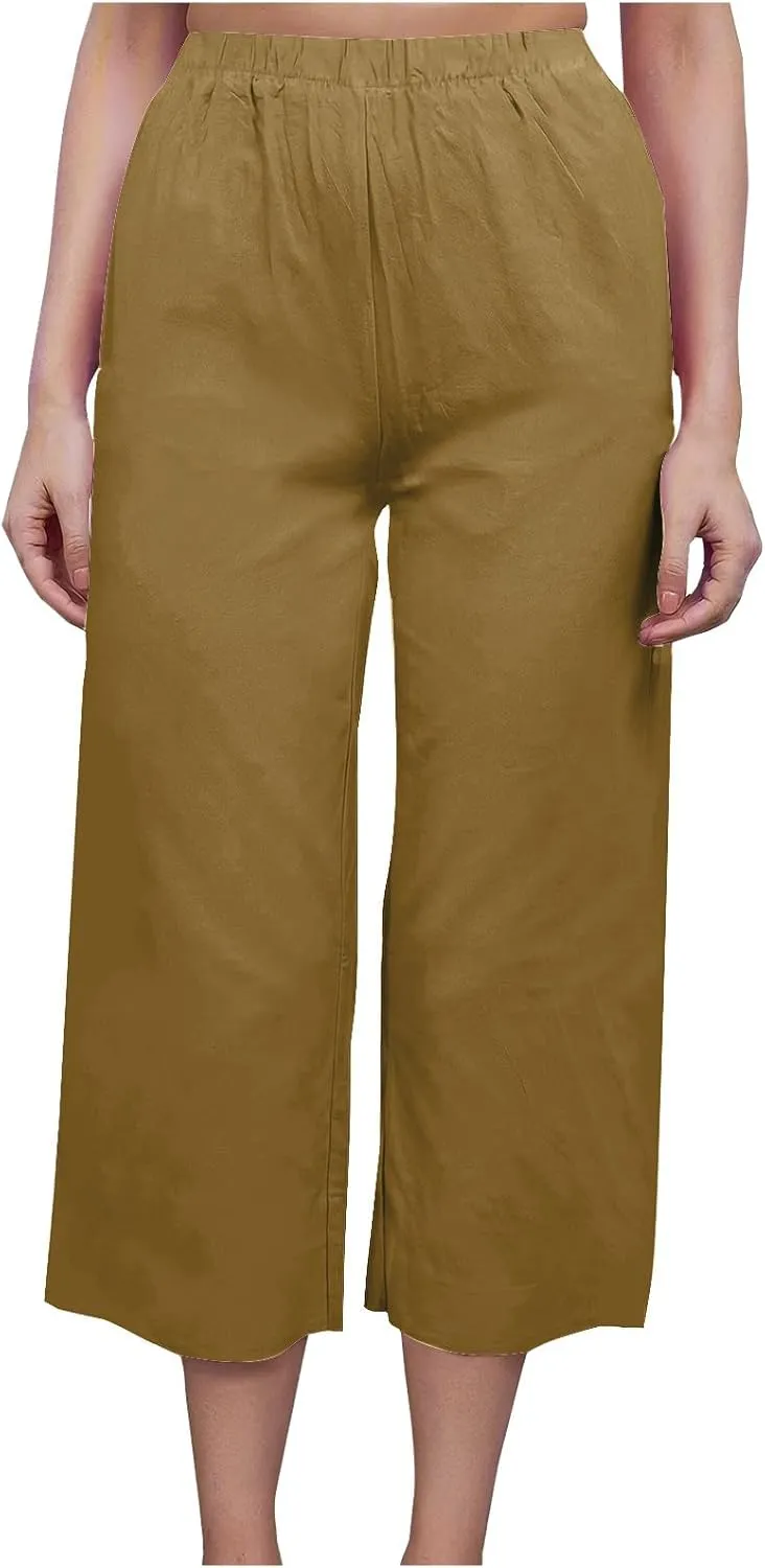 Capri Linen Pants Women Casual Wide Leg Summer Palazzo Pant Elastic High Waisted Flowy Beach Trouser with Pocket 2025
