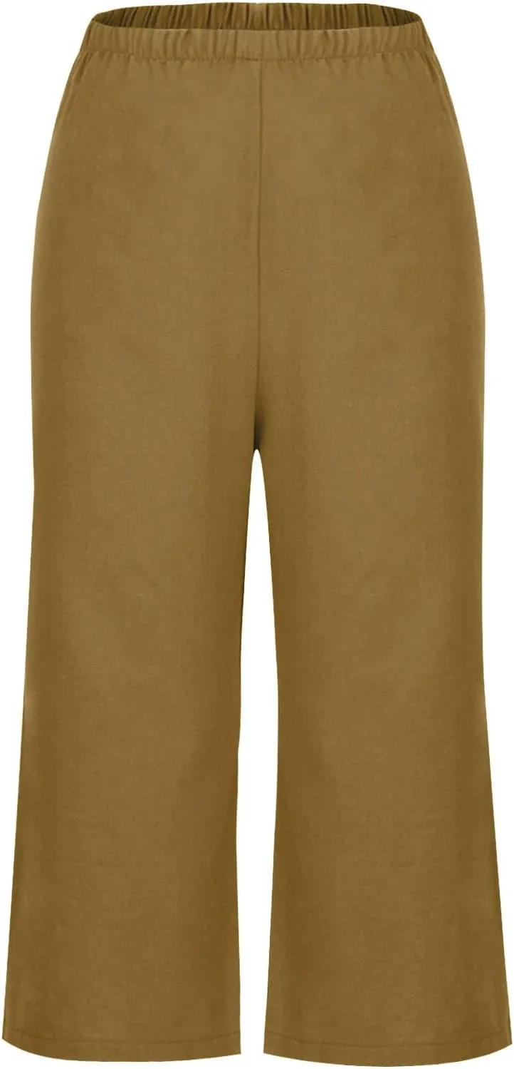 Capri Linen Pants Women Casual Wide Leg Summer Palazzo Pant Elastic High Waisted Flowy Beach Trouser with Pocket 2025