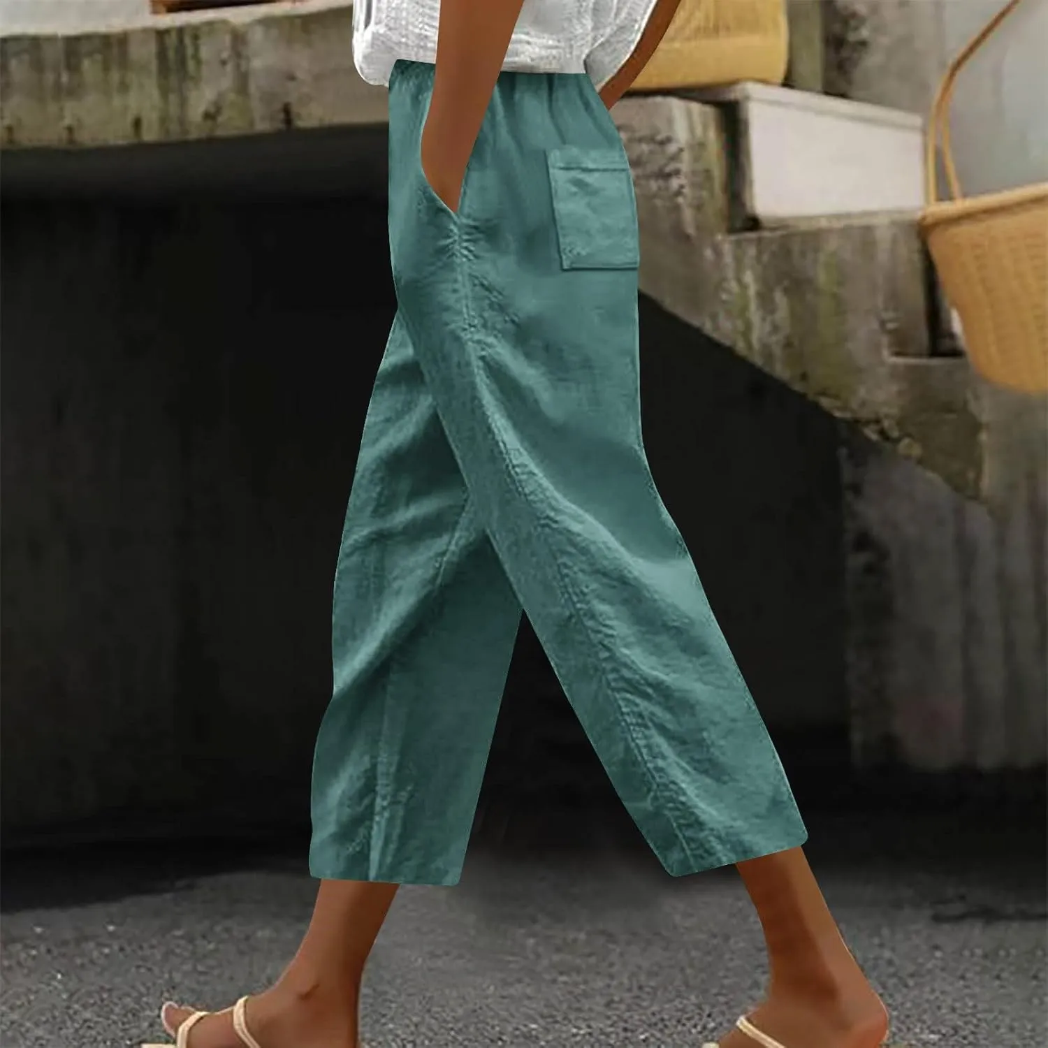 Capri Pants for Women Dressy Casual Elastic High Waisted Cropped Harem Pant Loose Lightweight Beach Capris Trousers
