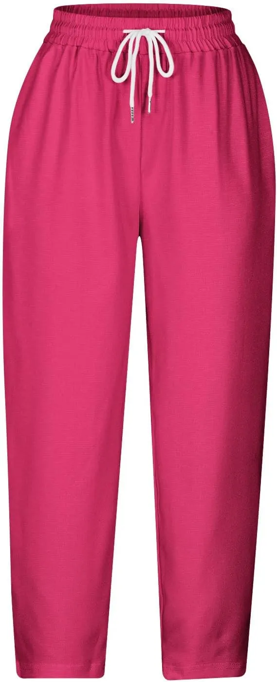 Capri Pants for Women Dressy Casual Elastic High Waisted Cropped Harem Pant Loose Lightweight Beach Capris Trousers