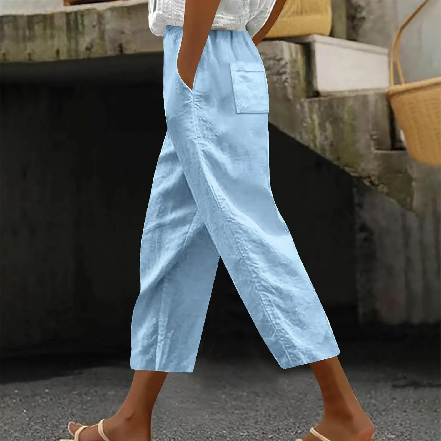 Capri Pants for Women Dressy Casual Elastic High Waisted Cropped Harem Pant Loose Lightweight Beach Capris Trousers