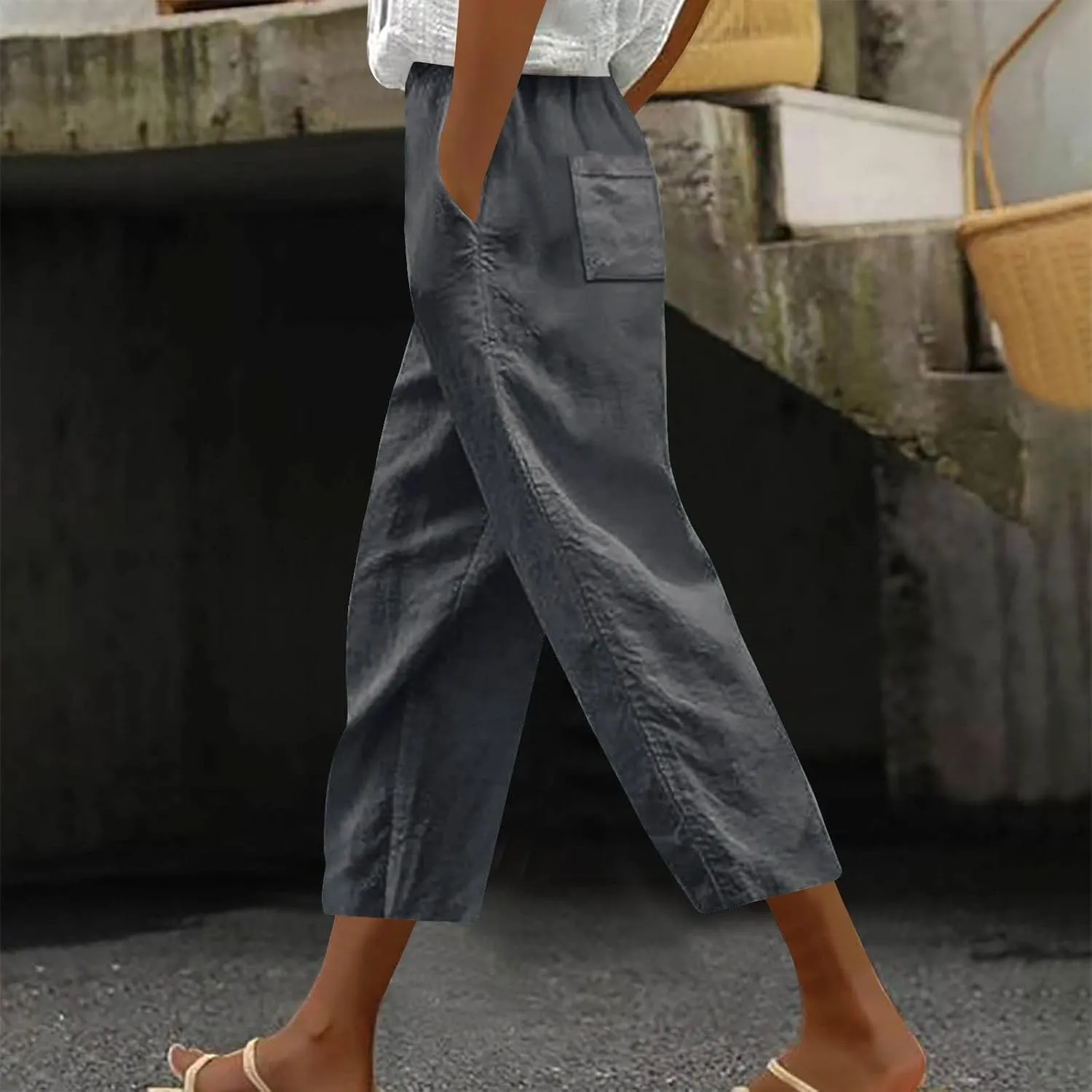 Capri Pants for Women Dressy Casual Elastic High Waisted Cropped Harem Pant Loose Lightweight Beach Capris Trousers