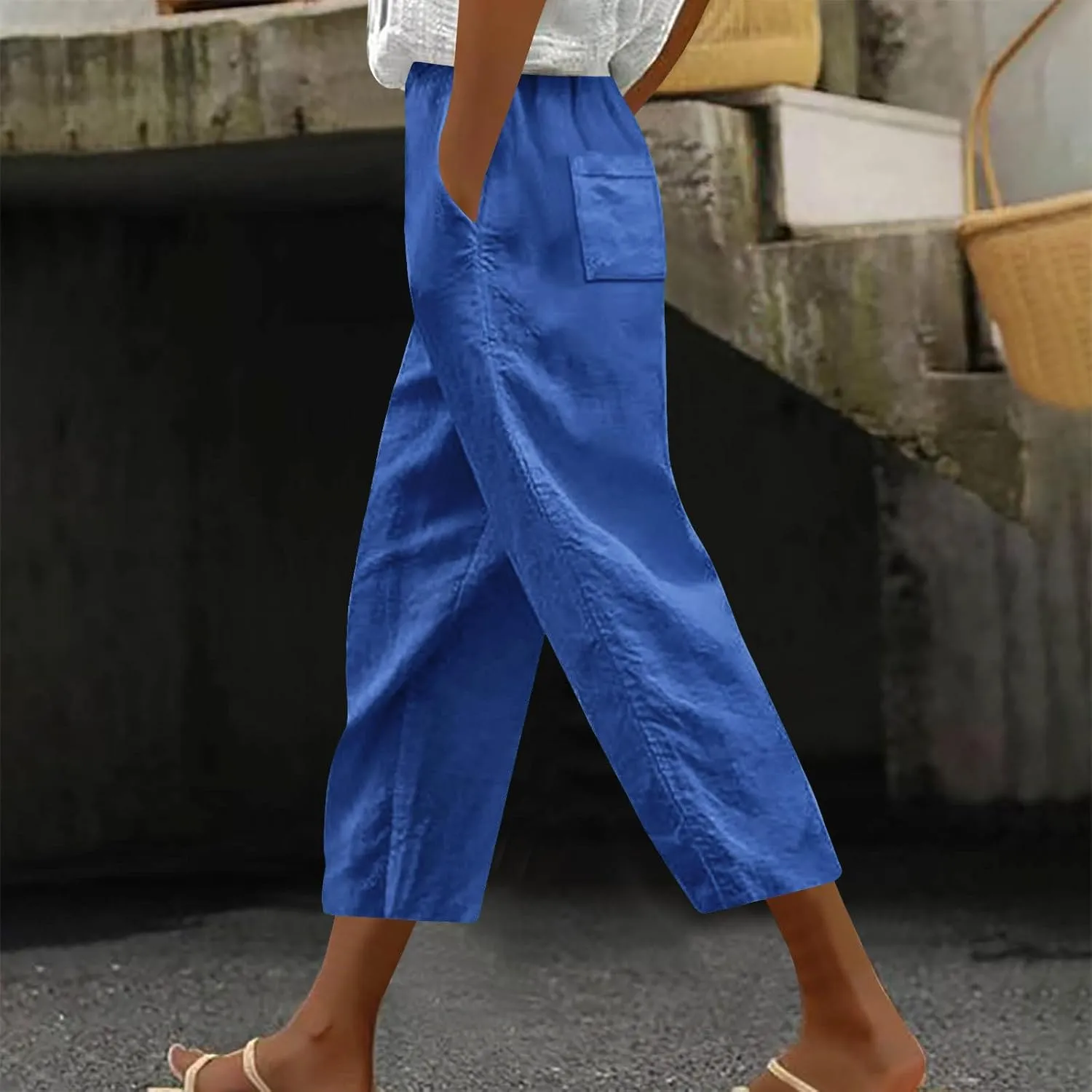 Capri Pants for Women Dressy Casual Elastic High Waisted Cropped Harem Pant Loose Lightweight Beach Capris Trousers