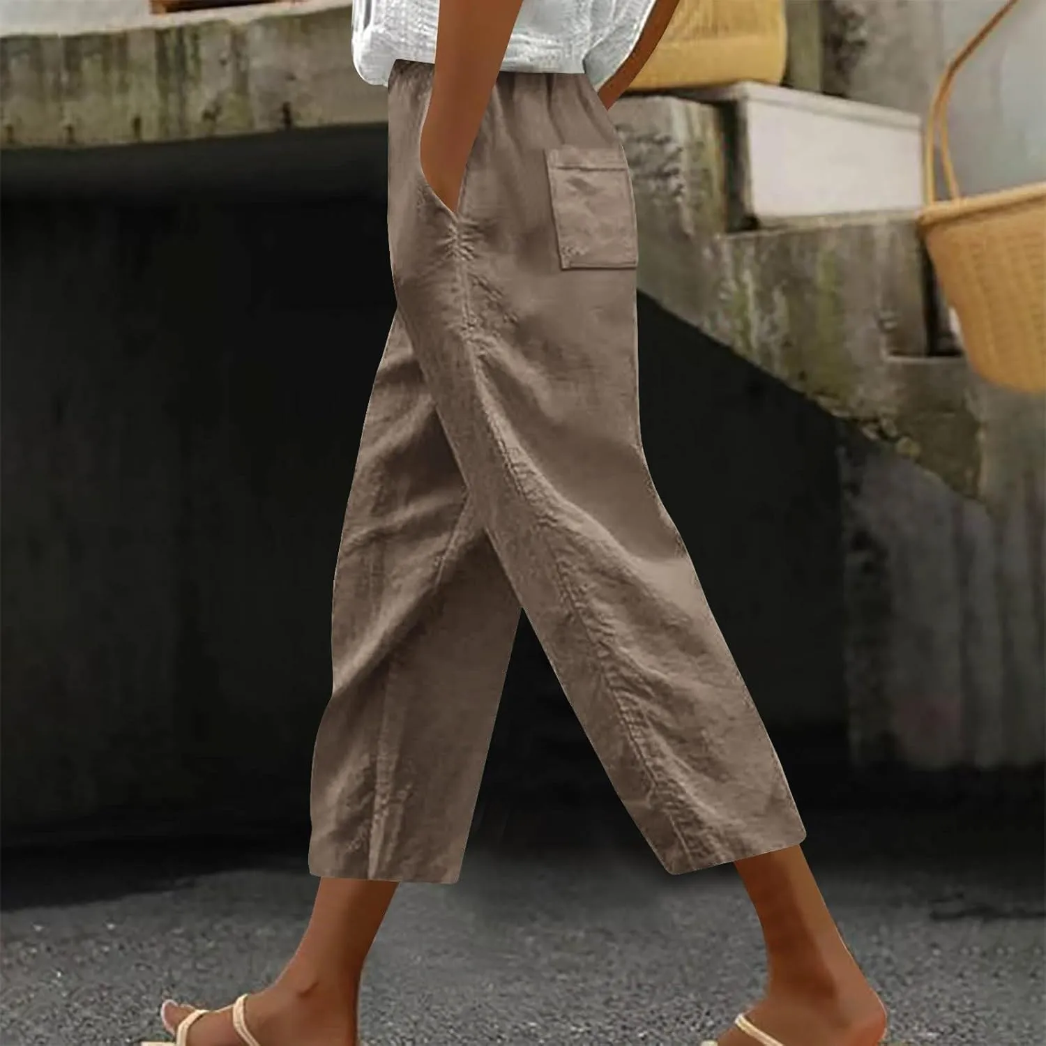 Capri Pants for Women Dressy Casual Elastic High Waisted Cropped Harem Pant Loose Lightweight Beach Capris Trousers