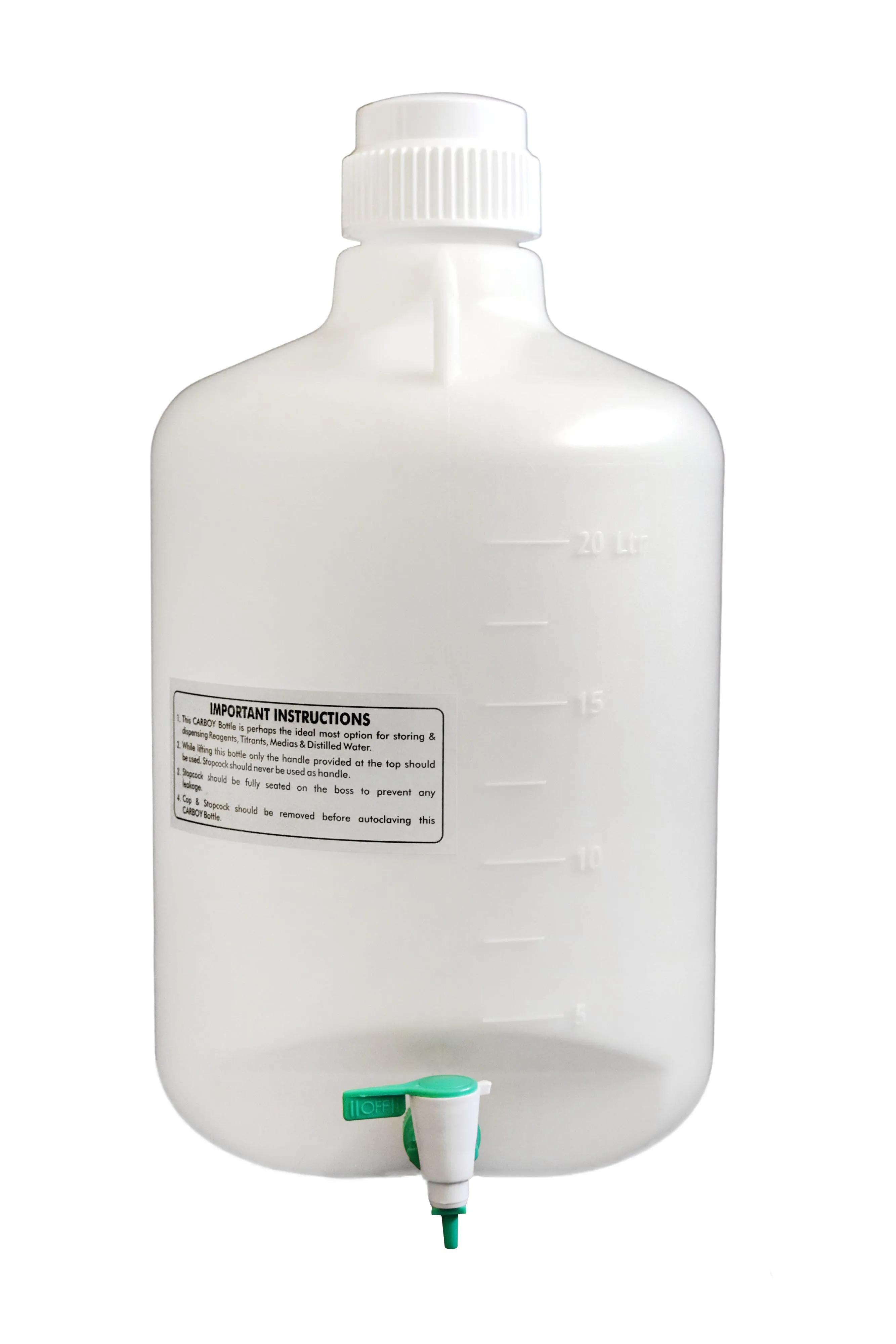 Carboy Bottle with Stopcock, 20 Liter Capacity - Polypropylene - With 2 Handles