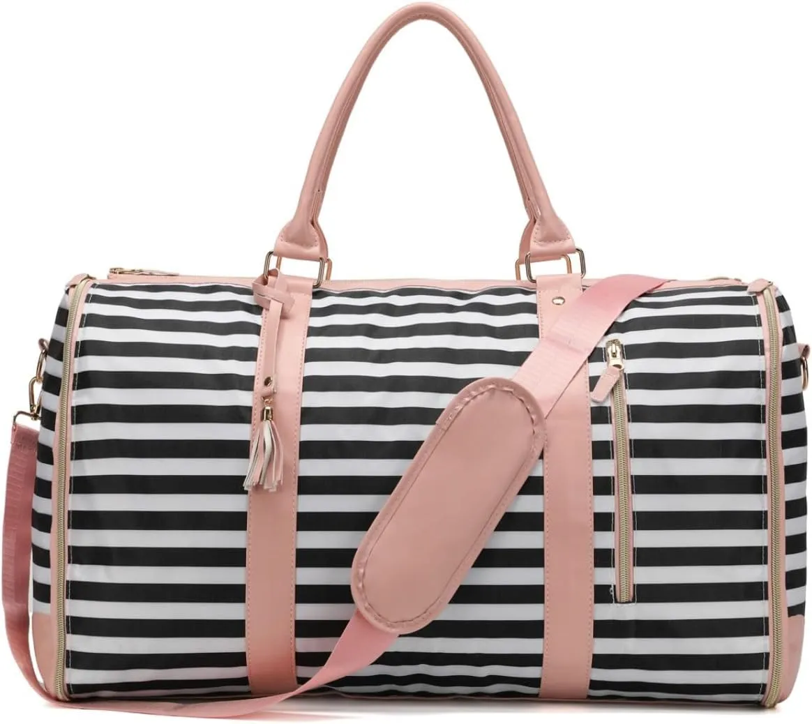 Carry-On Garment Duffel Bag  Convertible Garment Travel Suit Bag, Wrinkle-Free Weekender Bag for Men & Women, Hanging Suit Carrier with Luggage (Pink/Black Stripes)