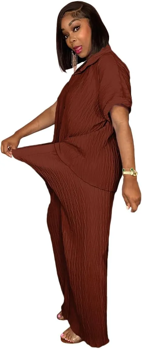Casual Two Piece Set for Women - Button Down Shirt and Wide Leg Pants Matching Set Tracksuits