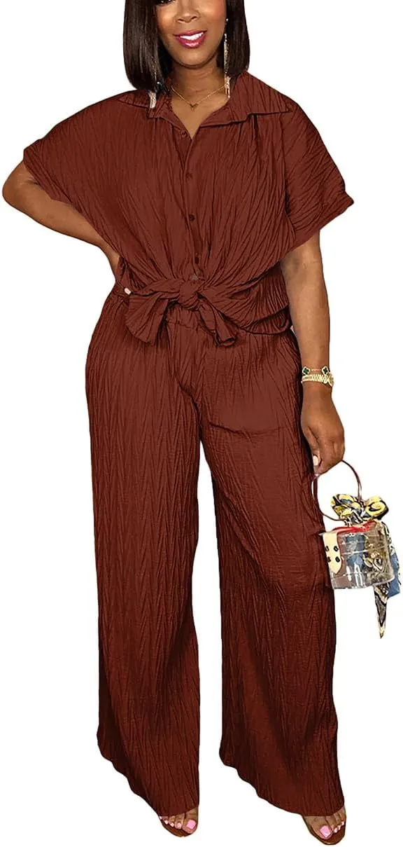 Casual Two Piece Set for Women - Button Down Shirt and Wide Leg Pants Matching Set Tracksuits