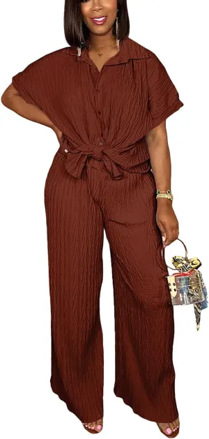 Casual Two Piece Set for Women - Button Down Shirt and Wide Leg Pants Matching Set Tracksuits