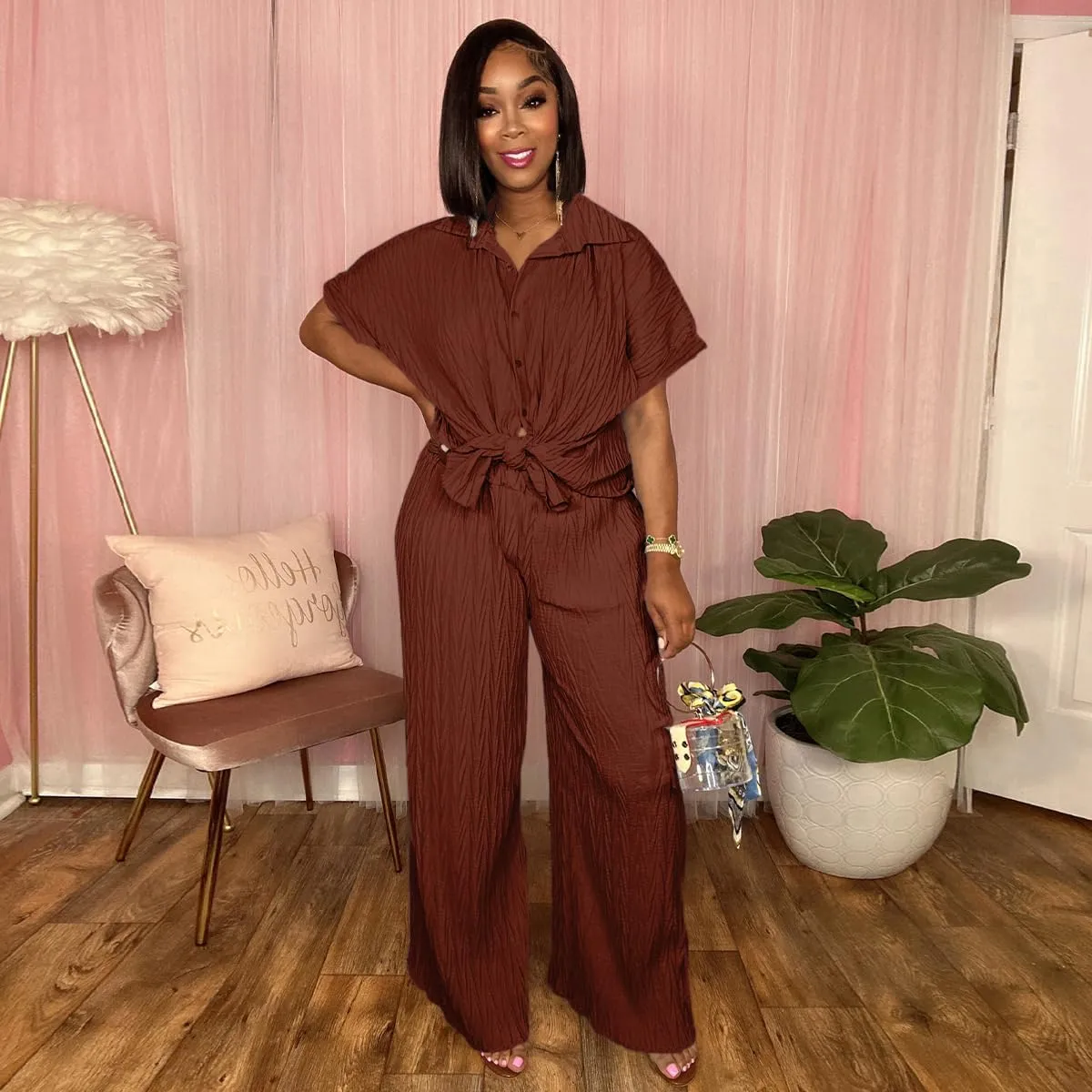 Casual Two Piece Set for Women - Button Down Shirt and Wide Leg Pants Matching Set Tracksuits
