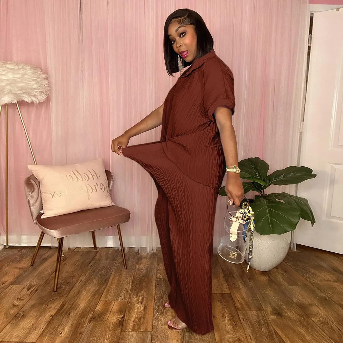 Casual Two Piece Set for Women - Button Down Shirt and Wide Leg Pants Matching Set Tracksuits