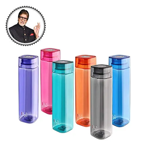 Cello H2O Squaremate Plastic Water Bottle, 1-Liter, Set of 6, Assorted (CLO_H2O_SQMT1L_SO6_ASRTD)