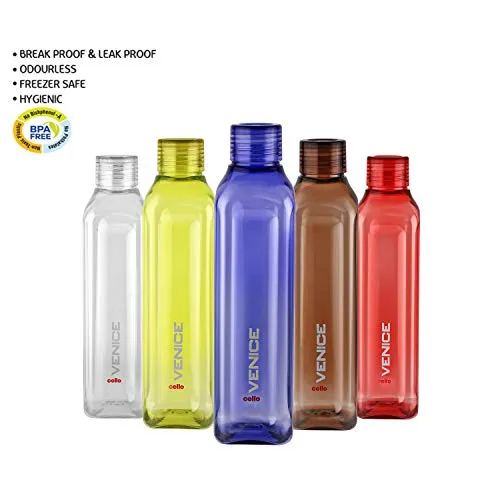 Cello Venice Exclusive Edition Plastic Water Bottle Set, 1 Litre, Set of 5, Multicolour