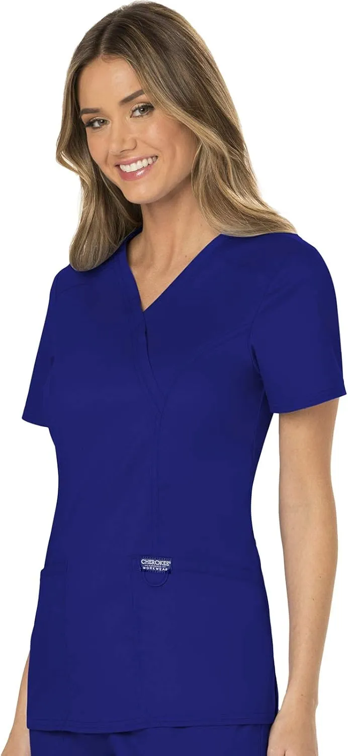 Cherokee Scrubs for Women Mock Wrap Top with 3 Pocket, Back Princess Seams WW610