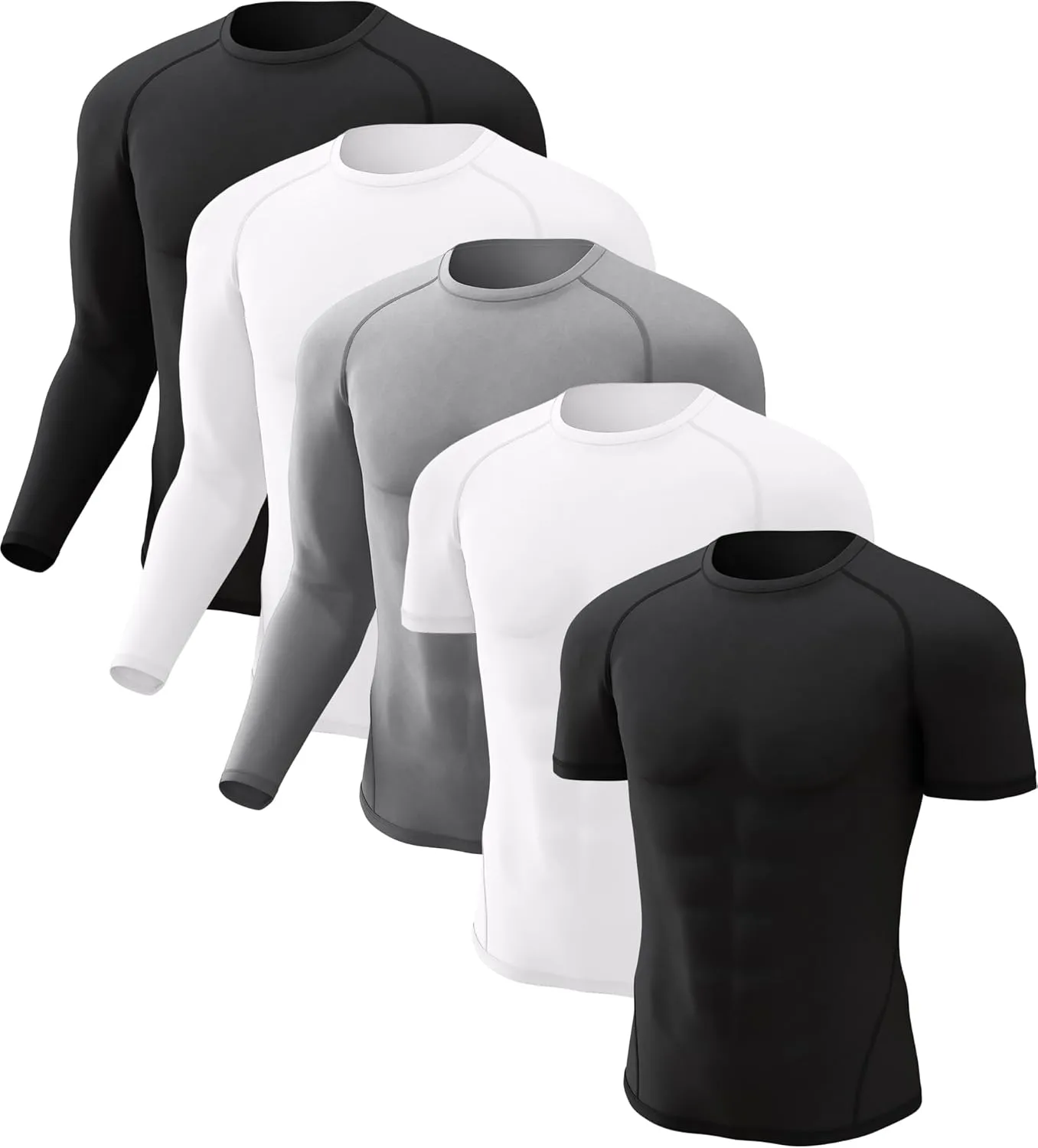 CL convallaria 5 Pack Mens Compression Shirt Workout Rash Guard Long Short Sleeve Undershirts for Athletic Gym Running
