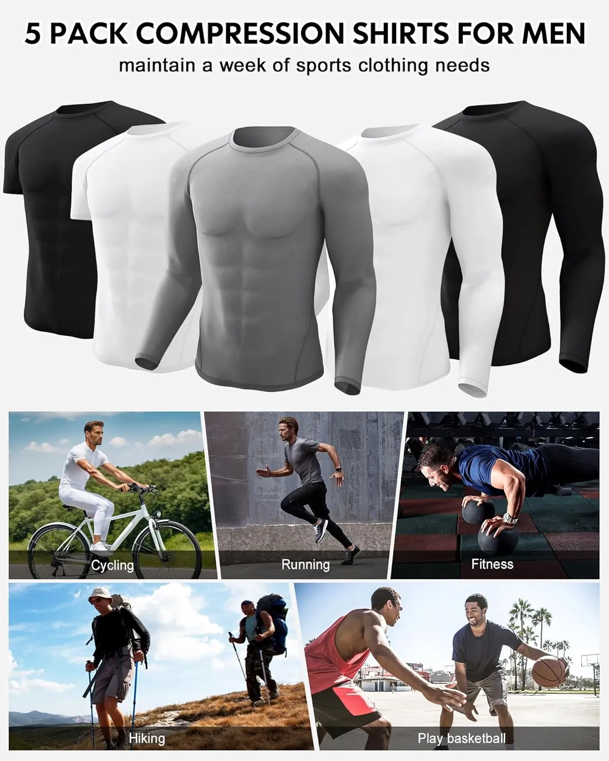 CL convallaria 5 Pack Mens Compression Shirt Workout Rash Guard Long Short Sleeve Undershirts for Athletic Gym Running