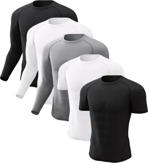 CL convallaria 5 Pack Mens Compression Shirt Workout Rash Guard Long Short Sleeve Undershirts for Athletic Gym Running