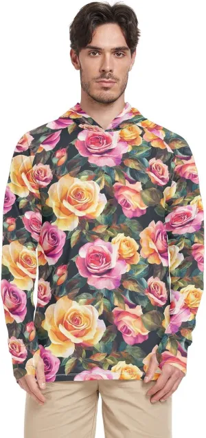Colorful Roses Mens Sun Shirts Protection Long Sleeve Fishing Shirt UPF 50  Quick Dry Rashguard For Men Hooded Fishing Shirts camisas con gorro para hombres