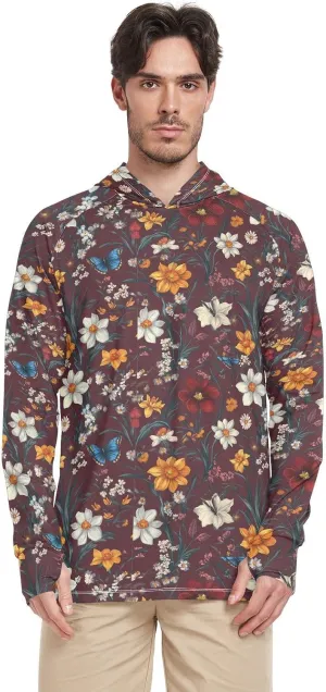 Colorful Vintage Flowers Men's Sun Protection Hoodie Long Sleeve UPF 50   Mens Sun Shirts Quick Dry Rashguard For Men Hooded Fishing Shirts camisas para trabajar en construccin