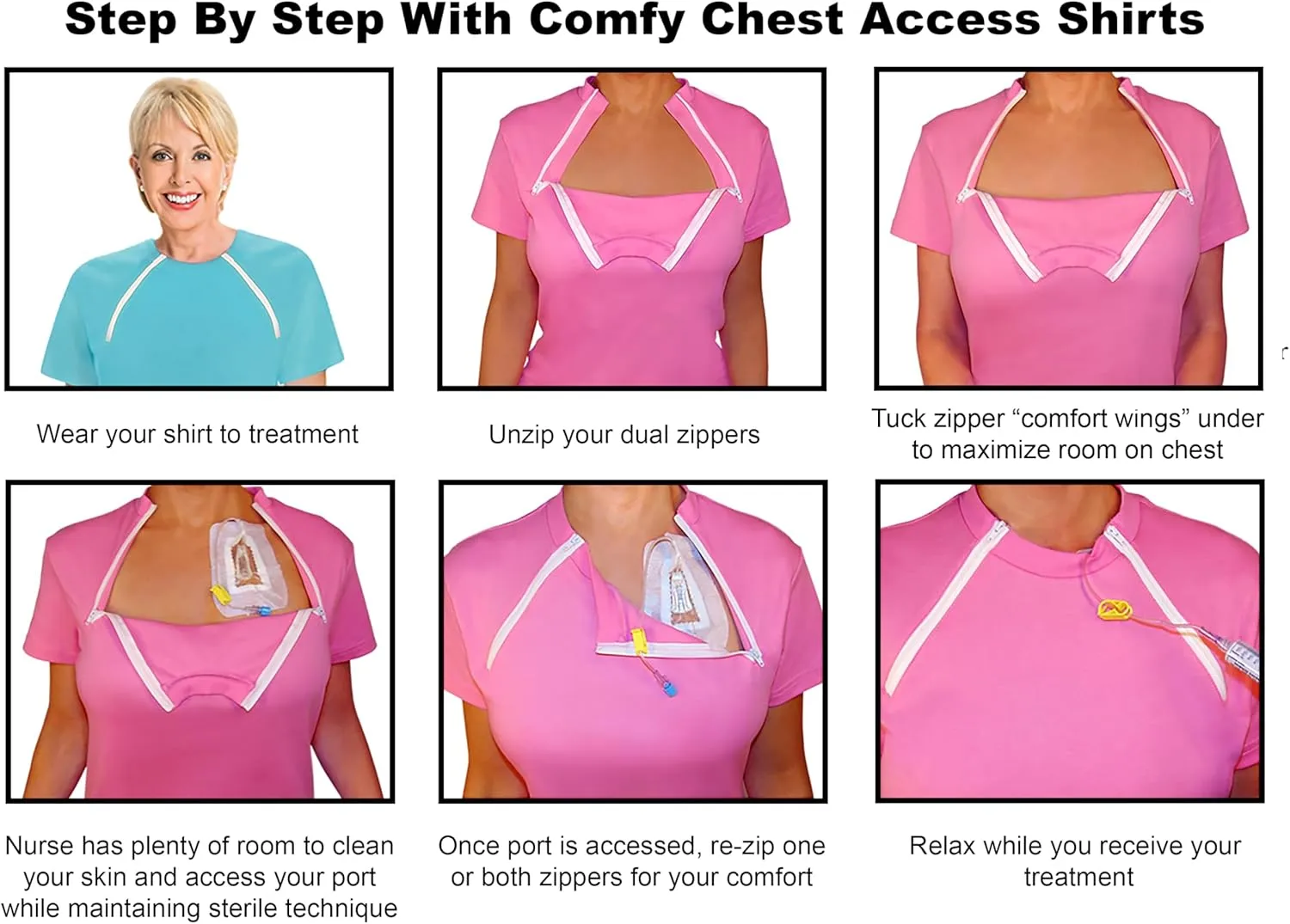 ComfyChemo CHEMOWEAR : Women's Long Sleeve Chemotherapy Port Zipper Shirts