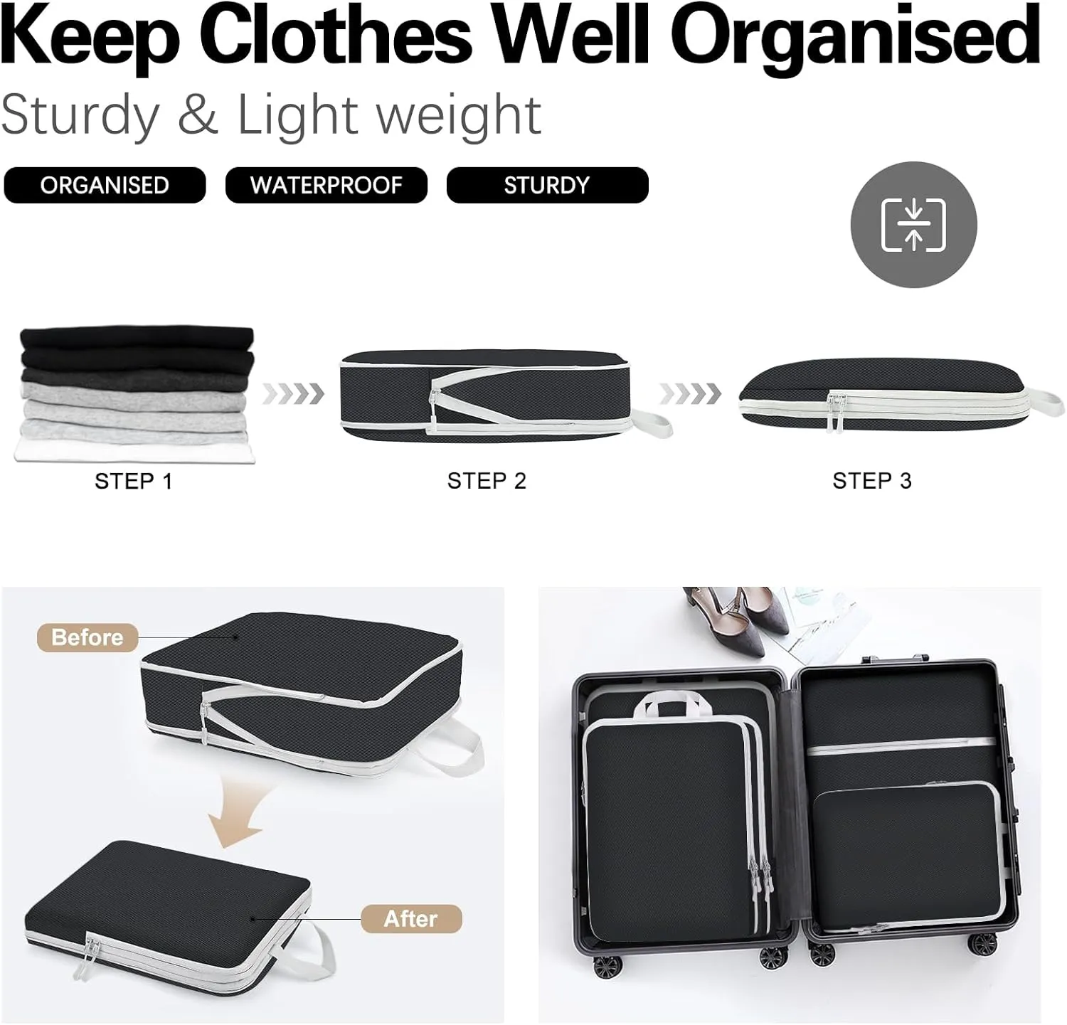 Compression Packing Cubes for Travel,Waterproof Packing Compression Cubes for Travel Packing Organizers,Luggage Cubes for Packing,Ultralight Expandable Packing Cubes Compression (Black 5 Pack)