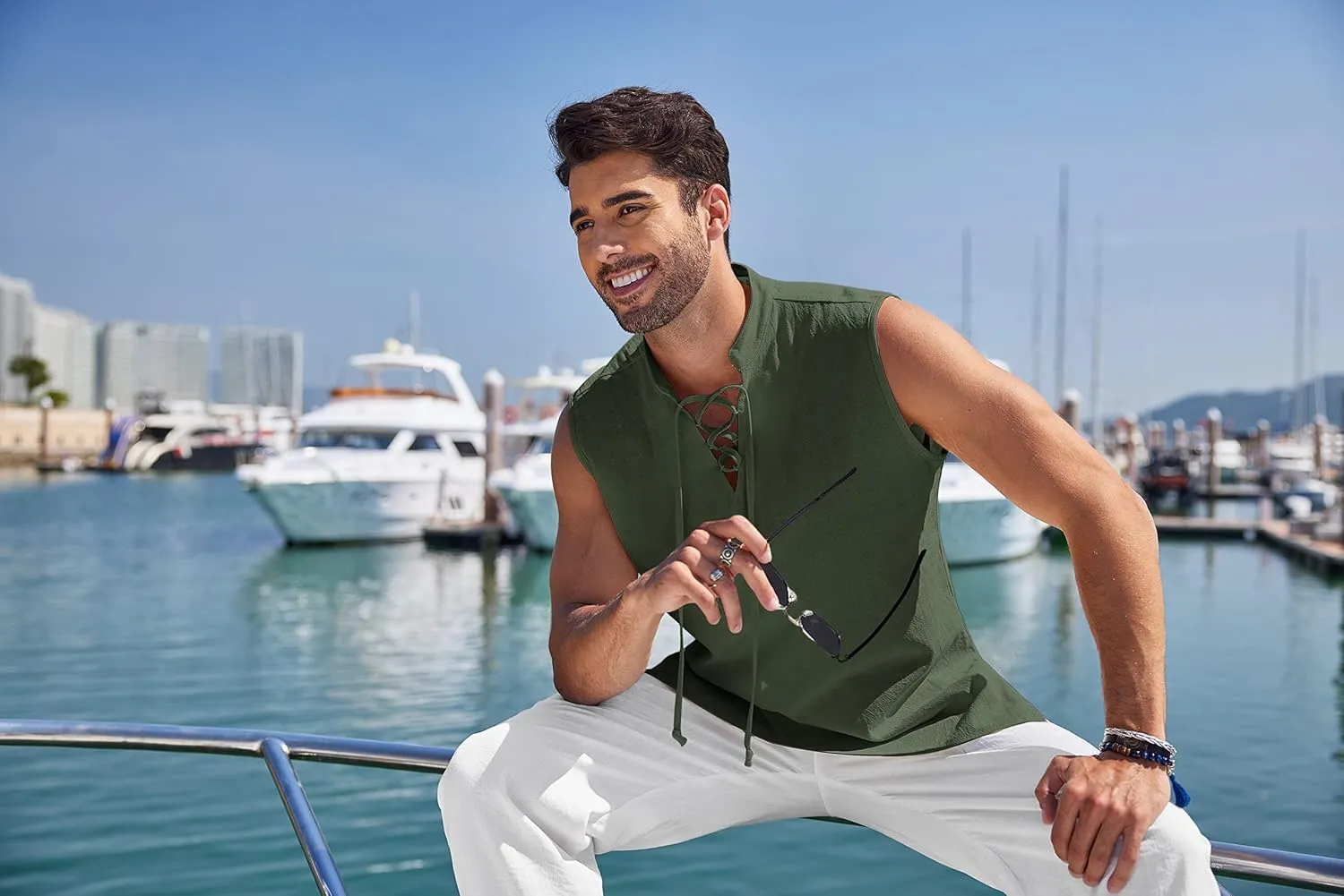 COOFANDY Men Tank Top Cotton Linen Beach Sleeveless Shirt Lace Up Bohemian Hippie Renaissance Pirate Kilt Medieval Tunic