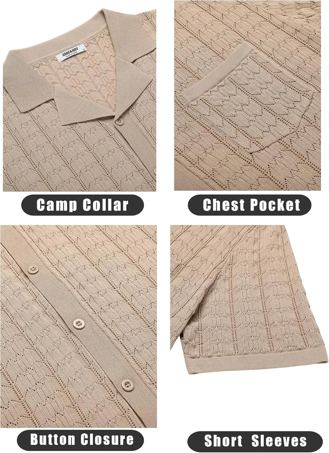COOFANDY Men's Knit Button Down Shirt Short Sleeve Vintage Polo Shirts Summer Casual Beach Tops