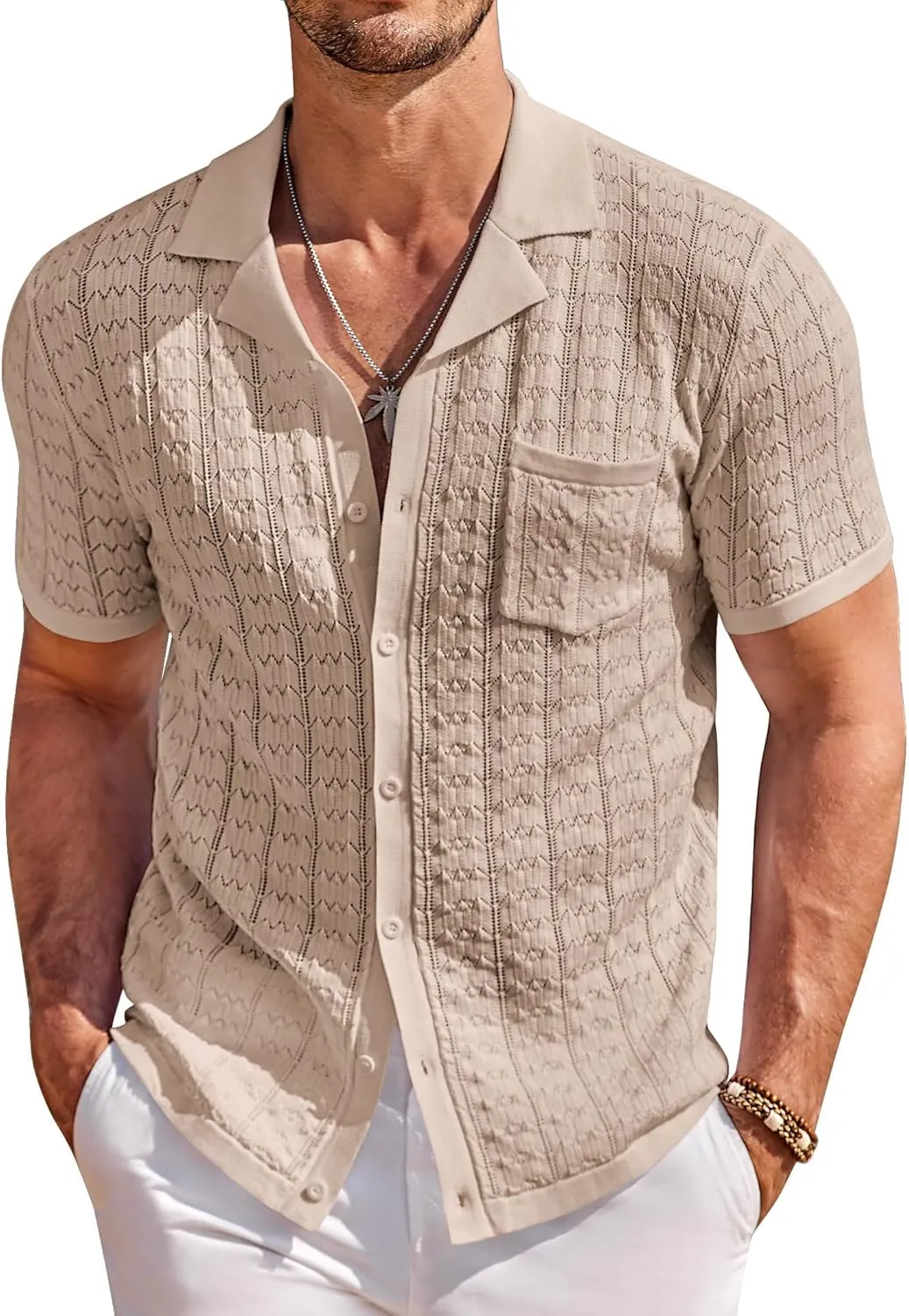 COOFANDY Men's Knit Button Down Shirt Short Sleeve Vintage Polo Shirts Summer Casual Beach Tops