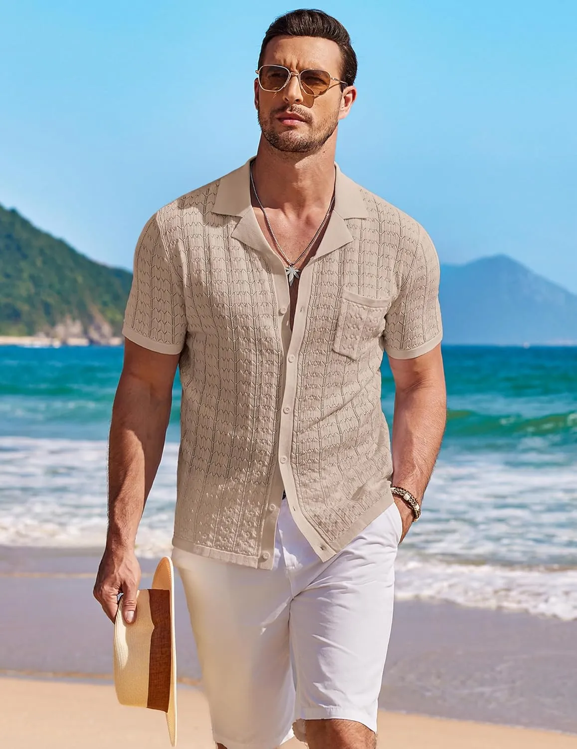 COOFANDY Men's Knit Button Down Shirt Short Sleeve Vintage Polo Shirts Summer Casual Beach Tops