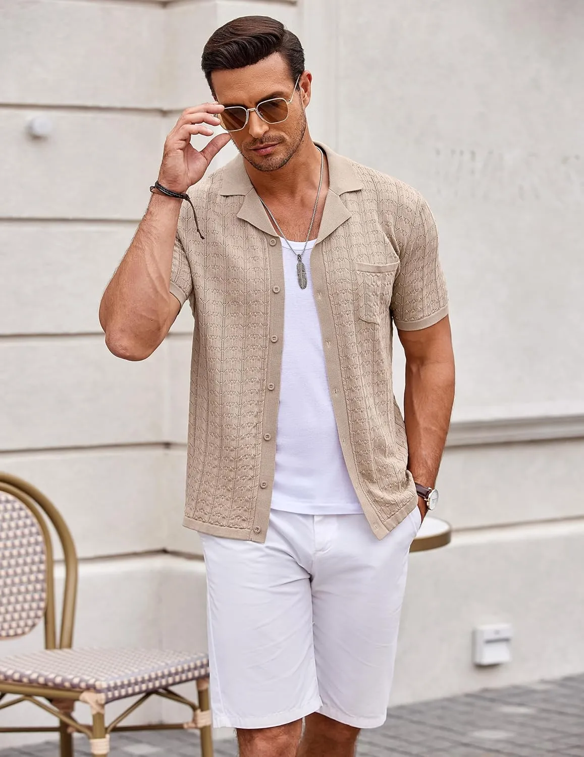 COOFANDY Men's Knit Button Down Shirt Short Sleeve Vintage Polo Shirts Summer Casual Beach Tops