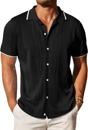 COOFANDY Men's Knit Button Down Shirt Vintage Short Sleeve Polo Shirts Casual Beach Tops