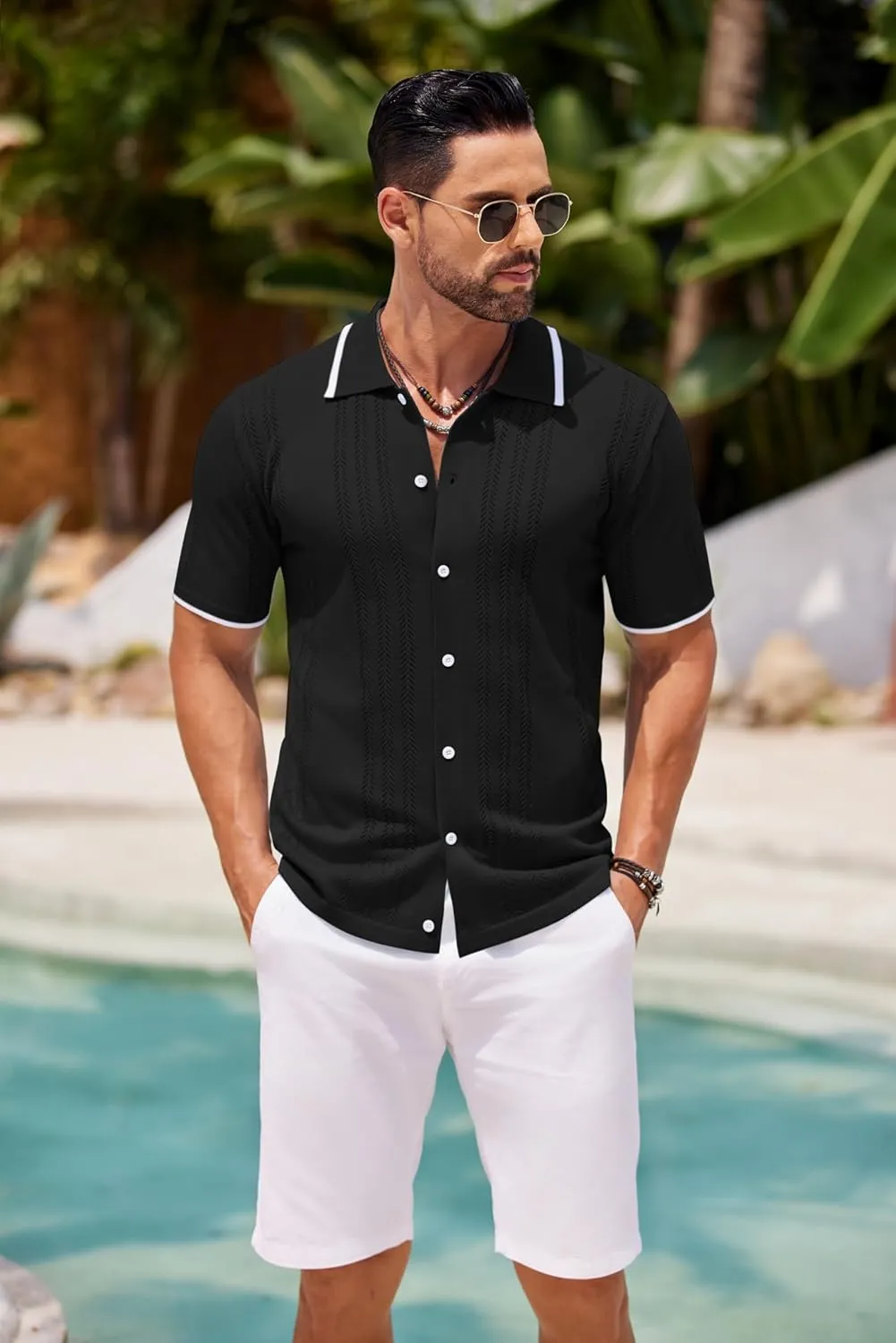 COOFANDY Men's Knit Button Down Shirt Vintage Short Sleeve Polo Shirts Casual Beach Tops