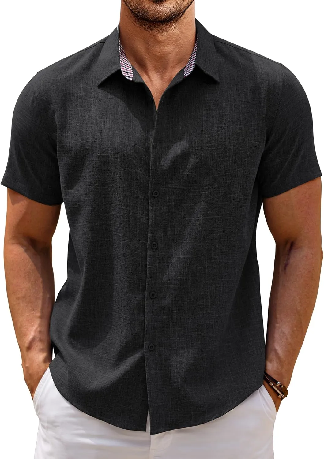 COOFANDY Mens Linen Shirt Casual Short Sleeve Button Down Shirts Summer Beach Vacation Tops