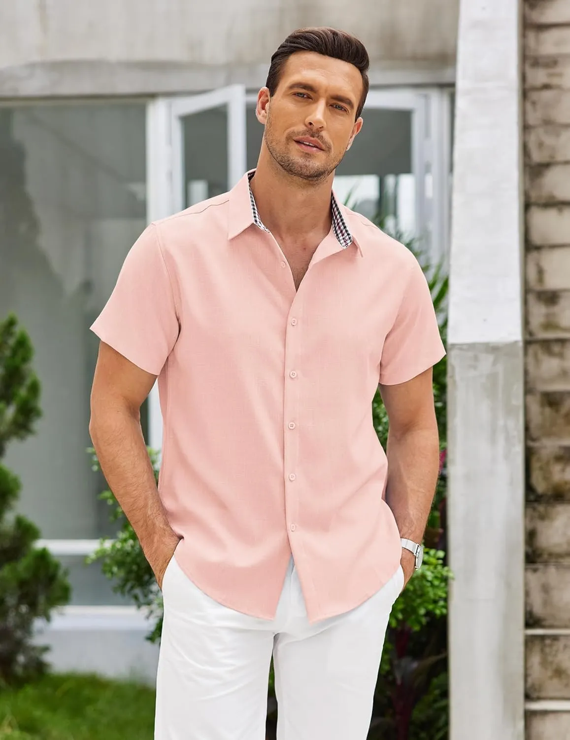 COOFANDY Mens Linen Shirt Casual Short Sleeve Button Down Shirts Summer Beach Vacation Tops