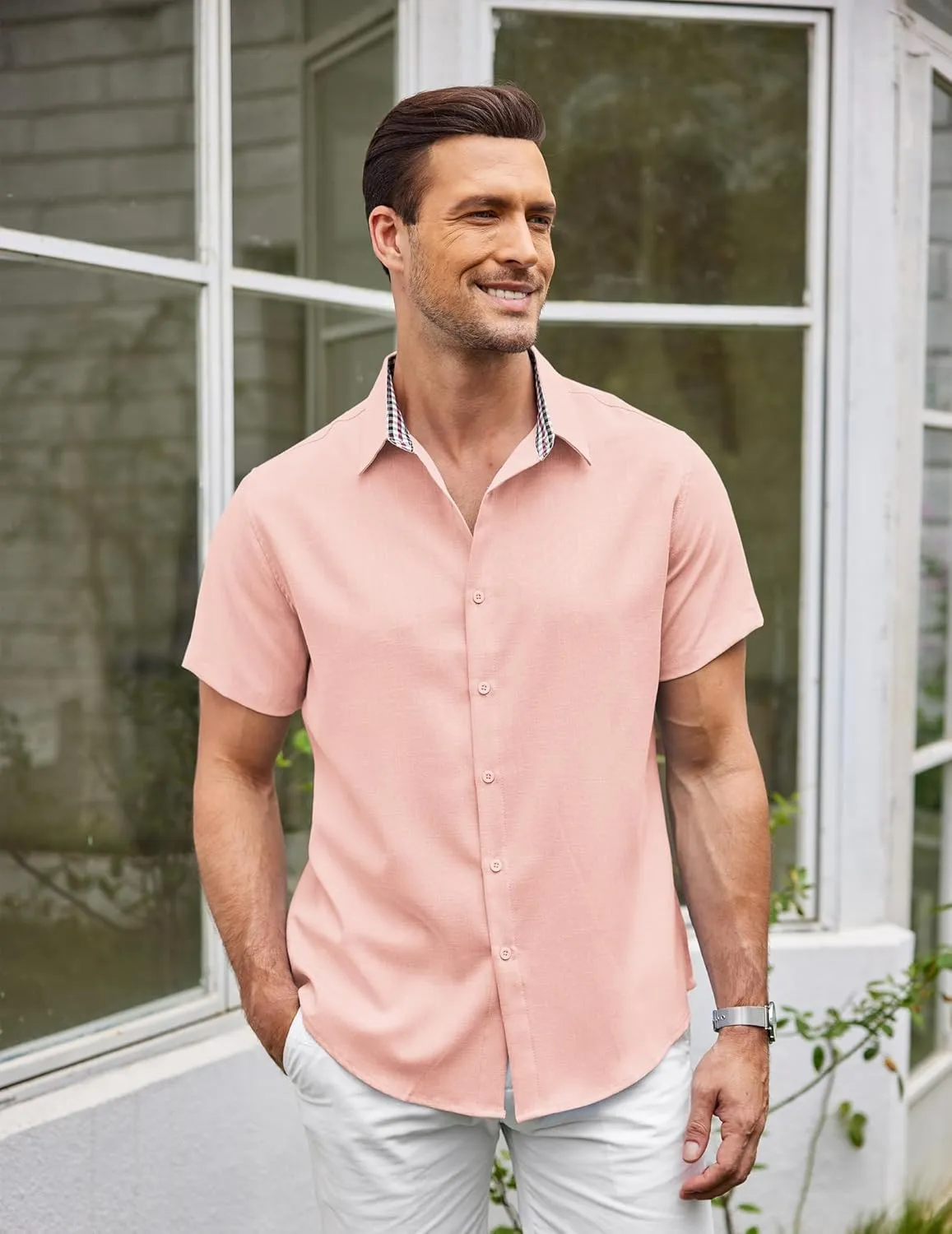 COOFANDY Mens Linen Shirt Casual Short Sleeve Button Down Shirts Summer Beach Vacation Tops