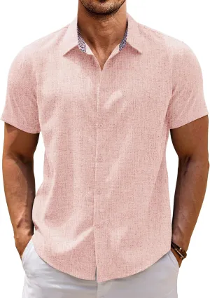 COOFANDY Mens Linen Shirt Casual Short Sleeve Button Down Shirts Summer Beach Vacation Tops
