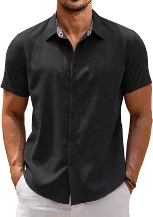 COOFANDY Mens Linen Shirt Casual Short Sleeve Button Down Shirts Summer Beach Vacation Tops