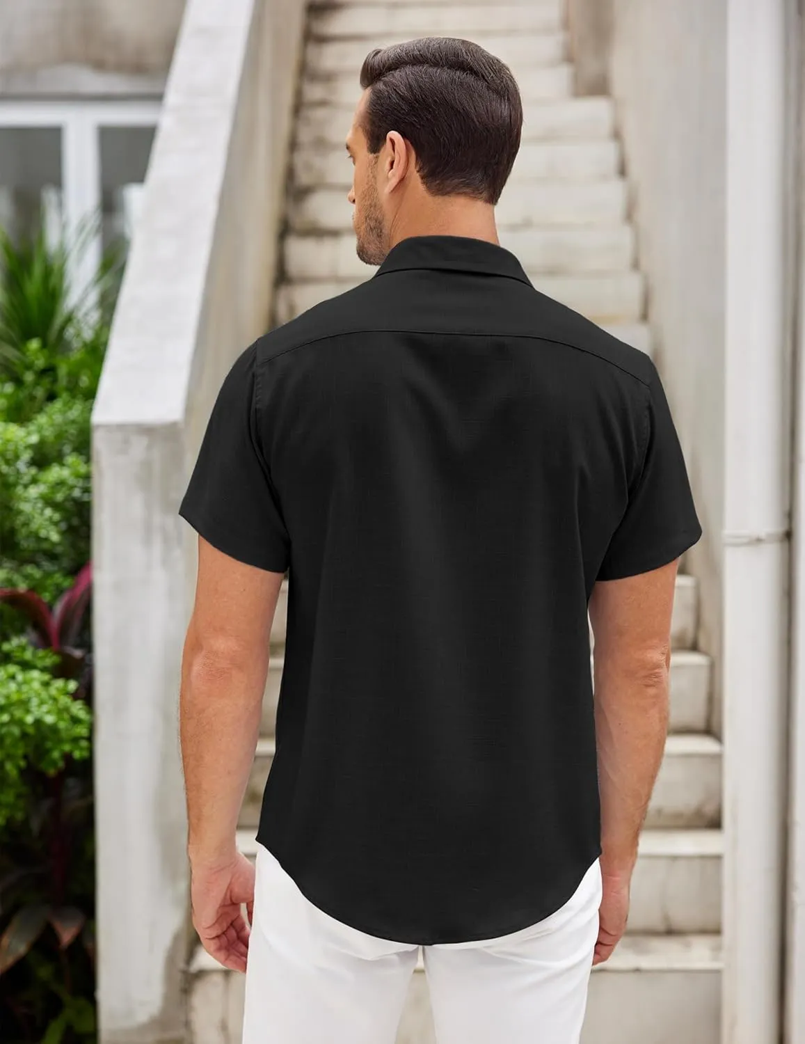COOFANDY Mens Linen Shirt Casual Short Sleeve Button Down Shirts Summer Beach Vacation Tops