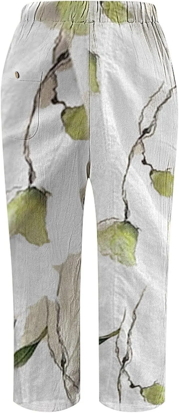 Cotton Linen Pants Women Casual Drawstring Pants Loose Drawstring Elastic Waist Cropped Trouser Womens Leggings
