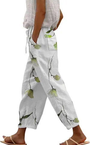 Cotton Linen Pants Women Casual Drawstring Pants Loose Drawstring Elastic Waist Cropped Trouser Womens Leggings
