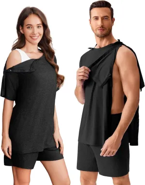 Deyeek Unisex Post Shoulder Surgery Shirts Sets Snap On Clothes for Rotator Cuff Surgery Chemo Port Access Adaptive Gowns