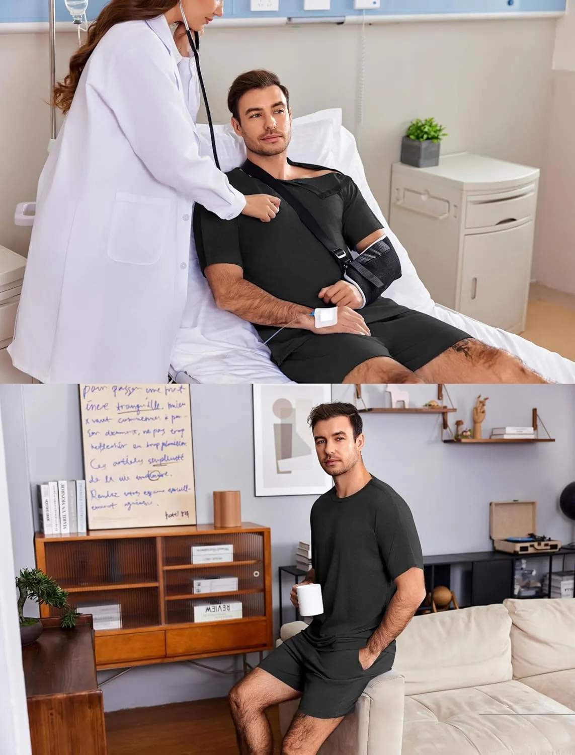 Deyeek Unisex Post Shoulder Surgery Shirts Sets Snap On Clothes for Rotator Cuff Surgery Chemo Port Access Adaptive Gowns
