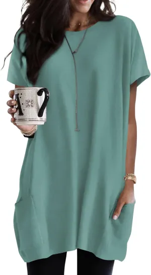 Dokotoo Womens Summer 2025 Casual Short Sleeve Shirts Loose Fit Oversized Tshirts Tunic Tops with Pockets